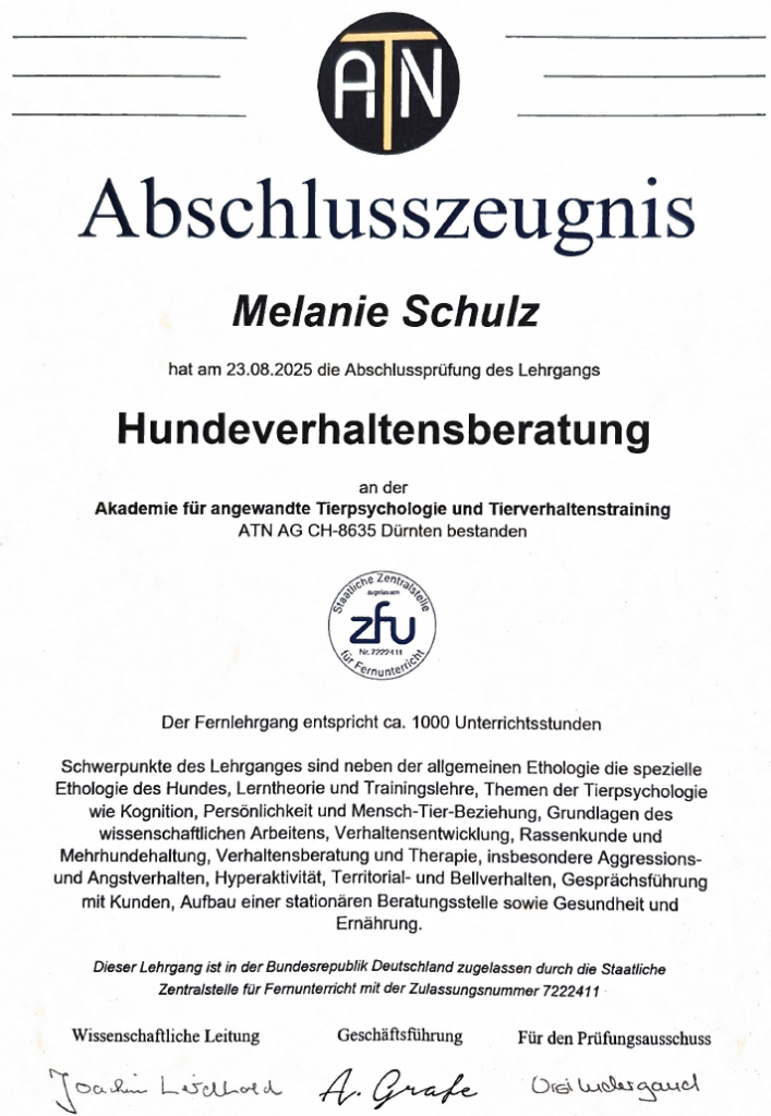 Abschlusszeugnis Hundeverhaltensberaterin